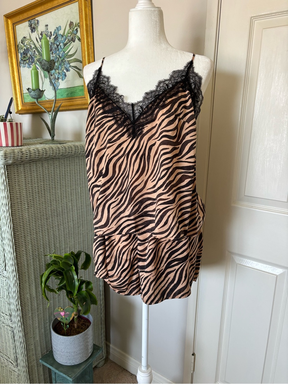H&M Tan Zebra-Print Lace Trim Cami & Short Set
